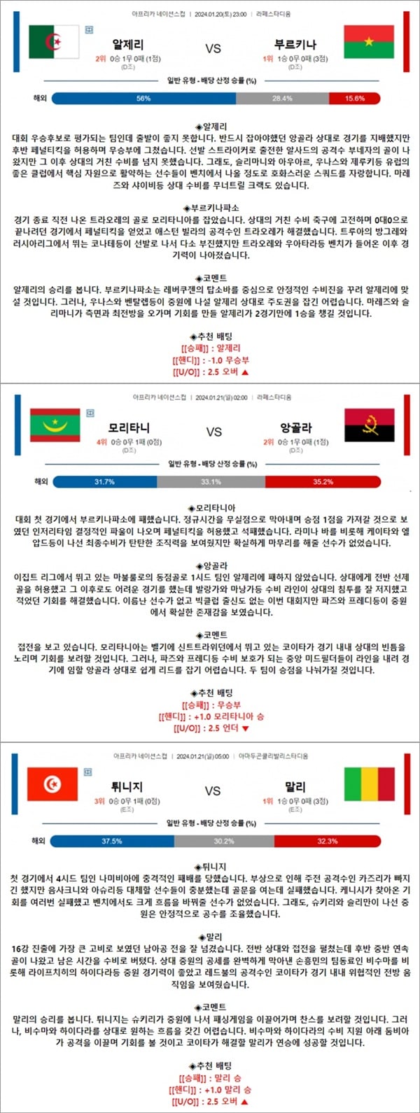 1월 20-21일 아프리카 네이션스컵 3경기