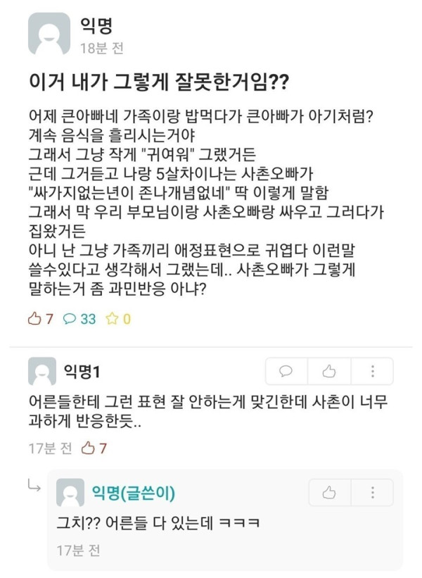 오늘의 유머 큰아빠한테 귀엽다고 했다가 욕 먹은 여자.jpg