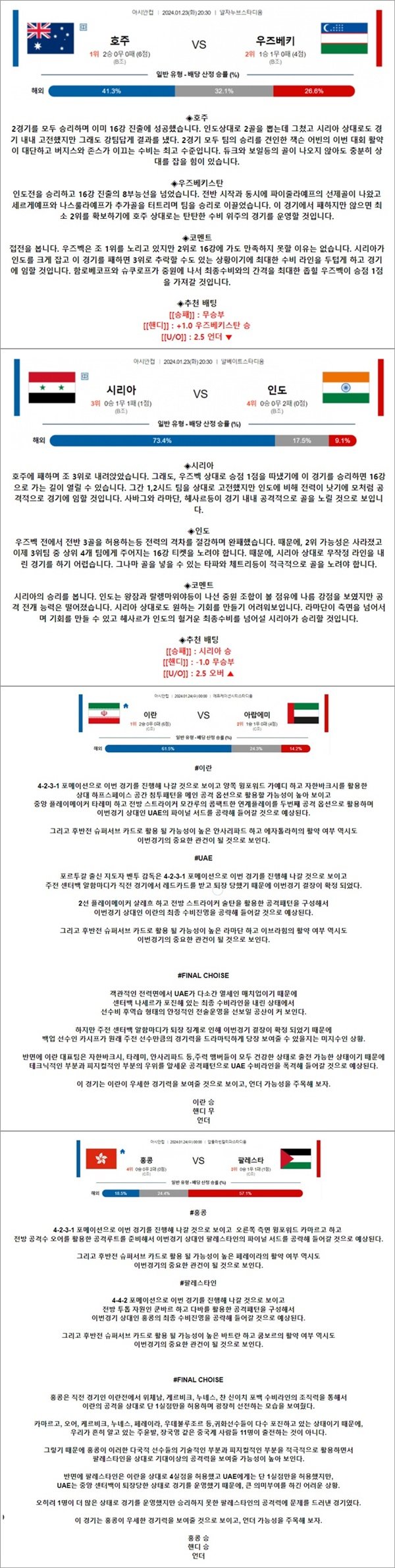 1월 23-24일 아시안컵 4경기