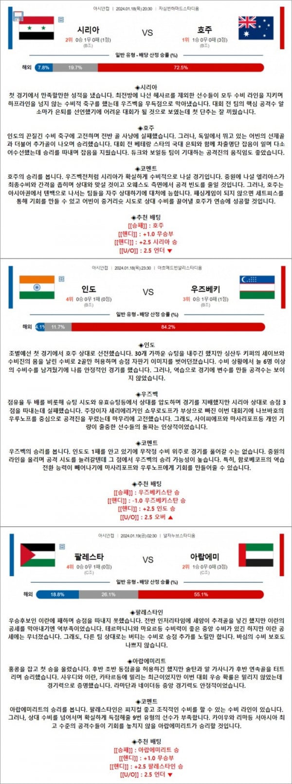 1월 18-19일 아시안컵 3경기