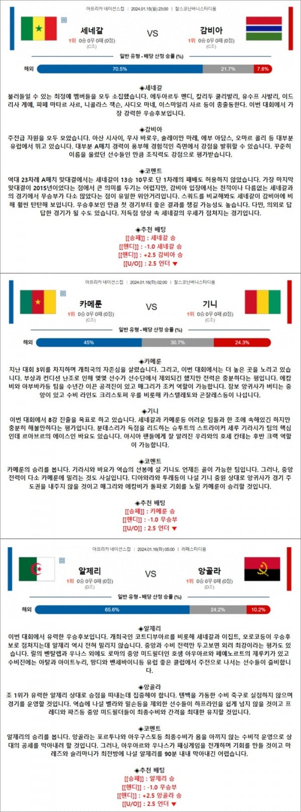 1월 15-16일 아프리카 네이션스컵 3경기