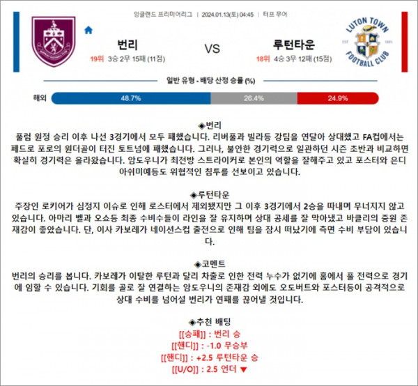 1월 13일 EPL 번리 루턴타운