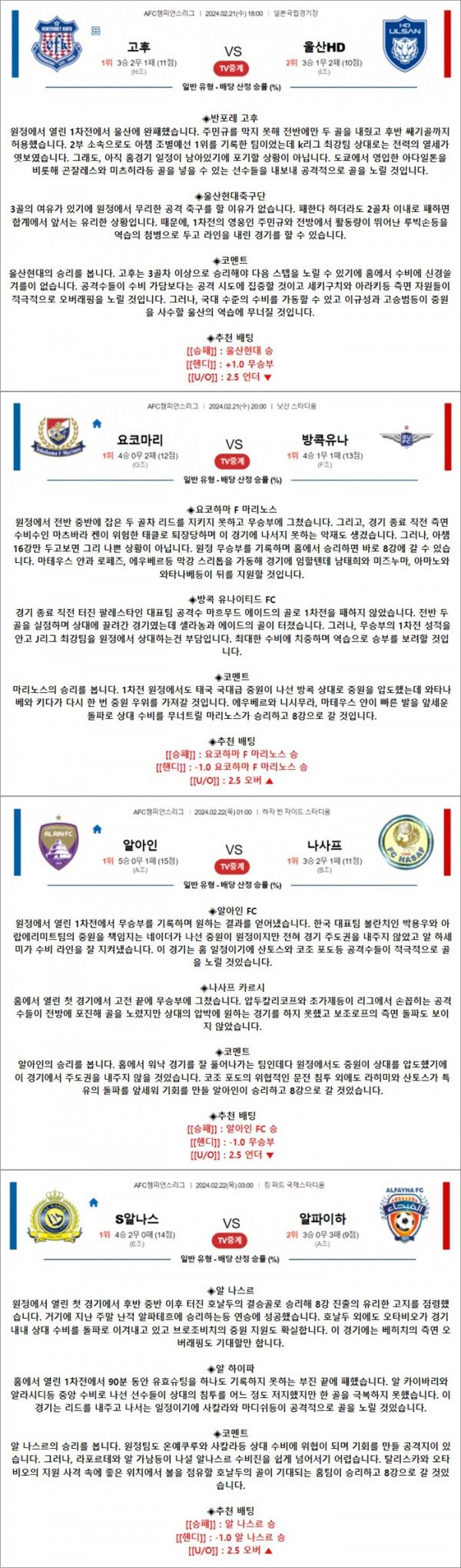 2월 21-22일 ACL 4경기