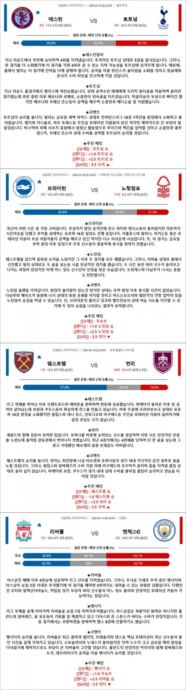 3월 10-11일 EPL 4경기