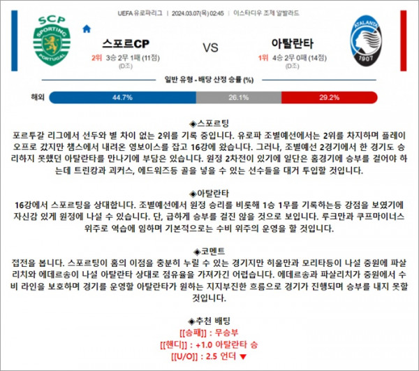 3월 07일 UEL 스포르CP 아탈란타