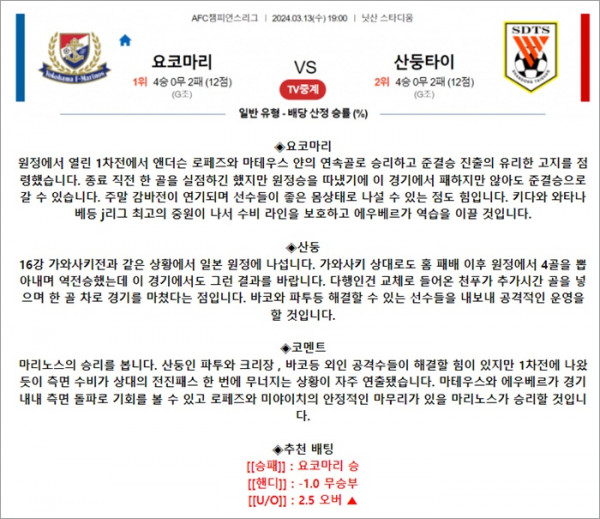 3월 13일 ACL 요코마리 산둥타이